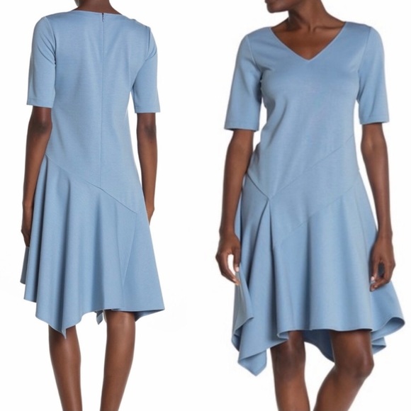 Lafayette 148 Placid Blue Short Sleeve Asymmetrical Hem Dress Large NWT